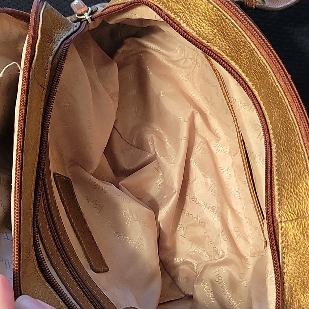 Tignanello leather satchel in brown. bronze & gold. - Picture 9 of 11